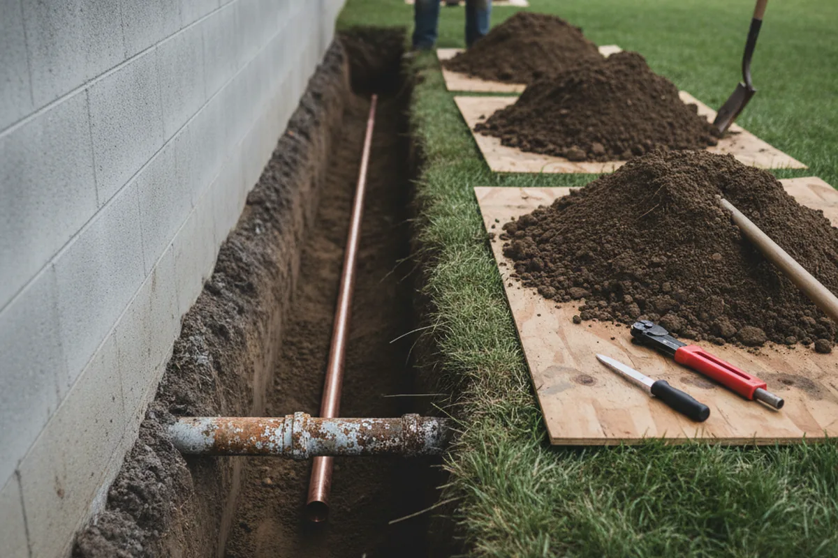 Excavated water line trench during Sewer Line Repair in Garberville
